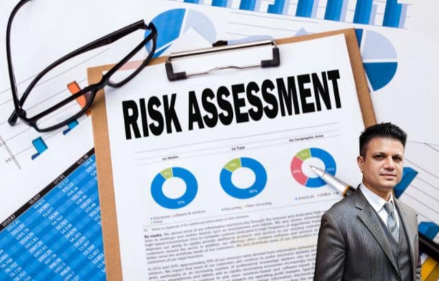 Business coach conducting a risk assessment and impact analysis using charts and data.